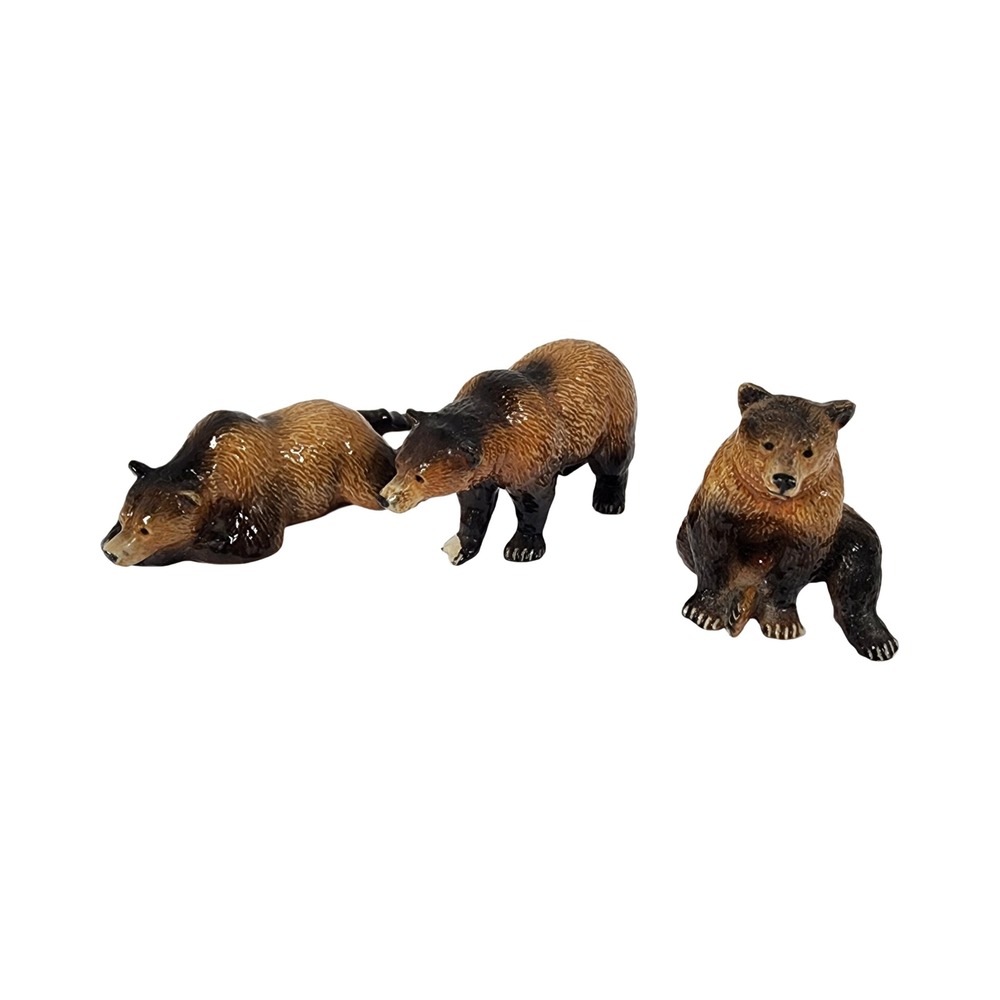Vintage Ceramic Grizzly Bear Figurines Set of 3 Brown Black Glossy Cabin Decor